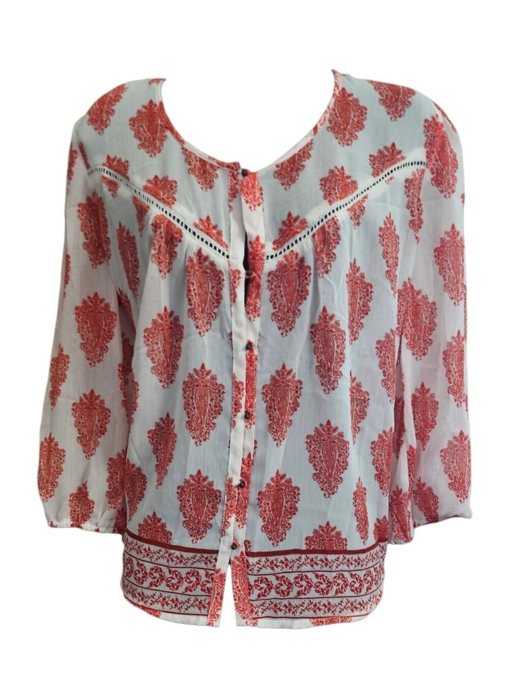 Cato LG Split-Neck Boho Peasant Button-Down Red/Orange Blouse